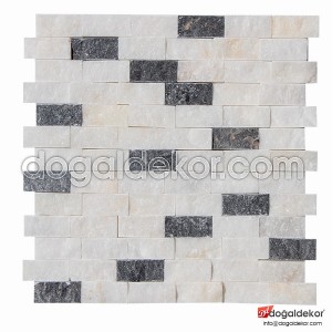 Patlatma Doğal Taş Duvar Mozaik Beyaz Fon Simli Mix  23x48mm -DT1207